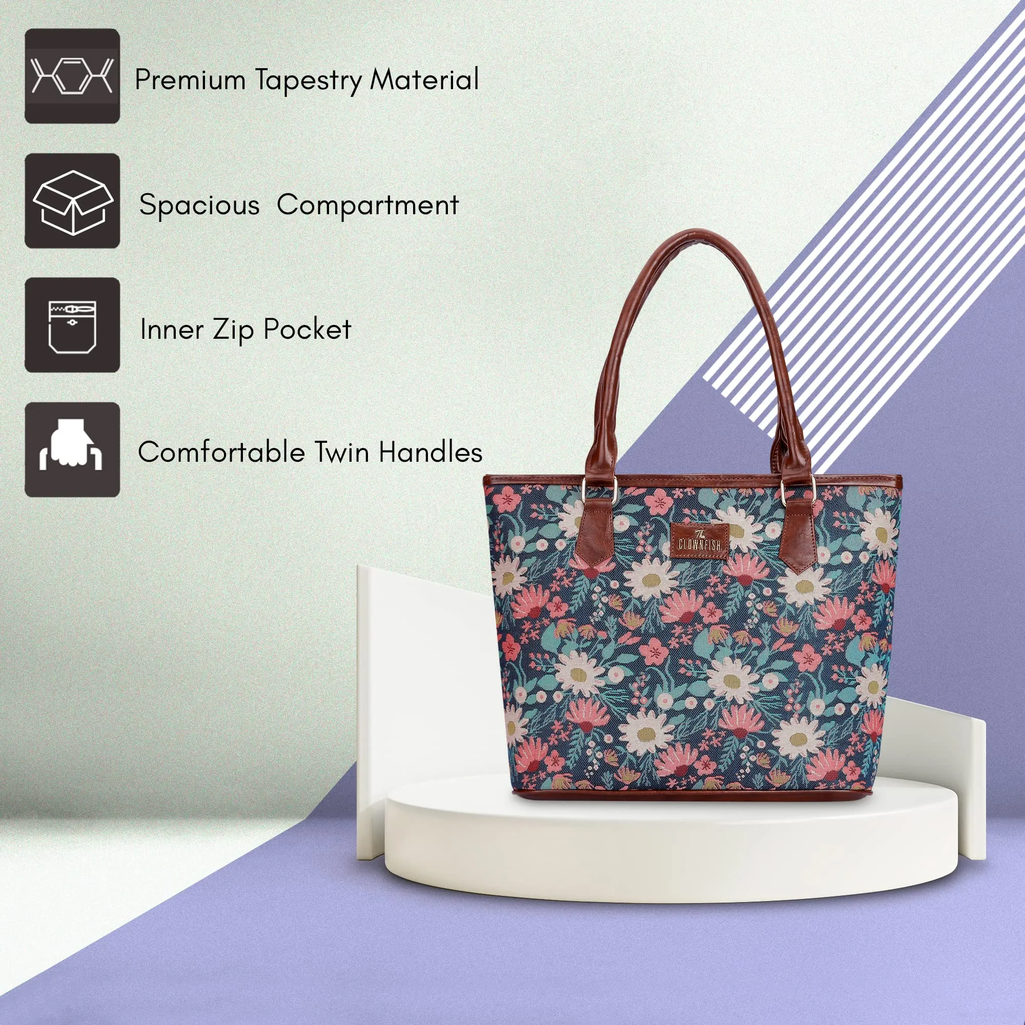 THE CLOWNFISH Justina Tapestry Fabric & Faux Leather Handbag for Women Office Bag Ladies Shoulder Bag Tote For Women College Girls (Purple-Floral)