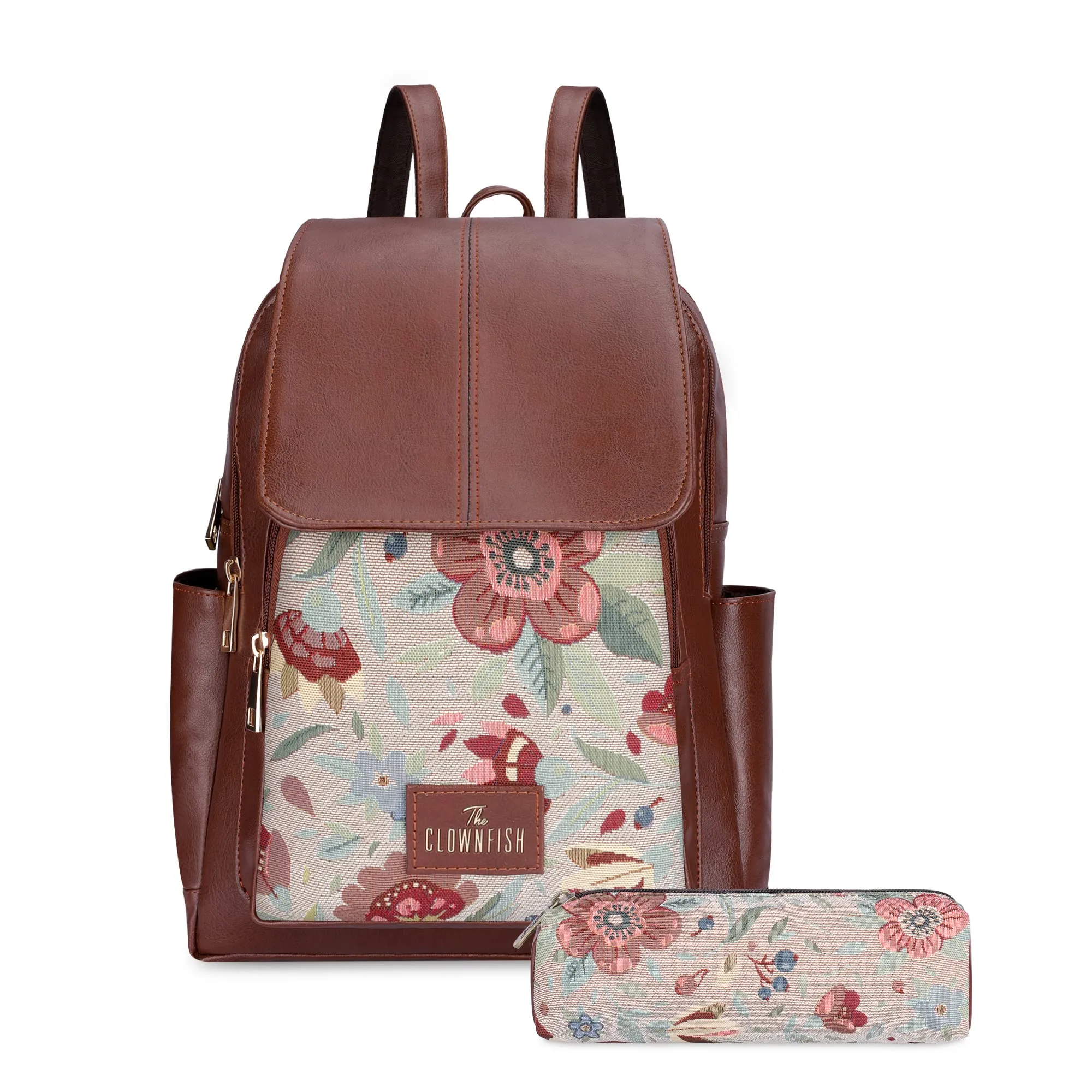 THE CLOWNFISH Medium Size Combo Of Minerva Faux Leather & Tapestry Standard Backpack College School Bag Casual Travel For Women & Expert Series Pencil Pouch Pen Case (Sky Blue-Floral) 10 Litre