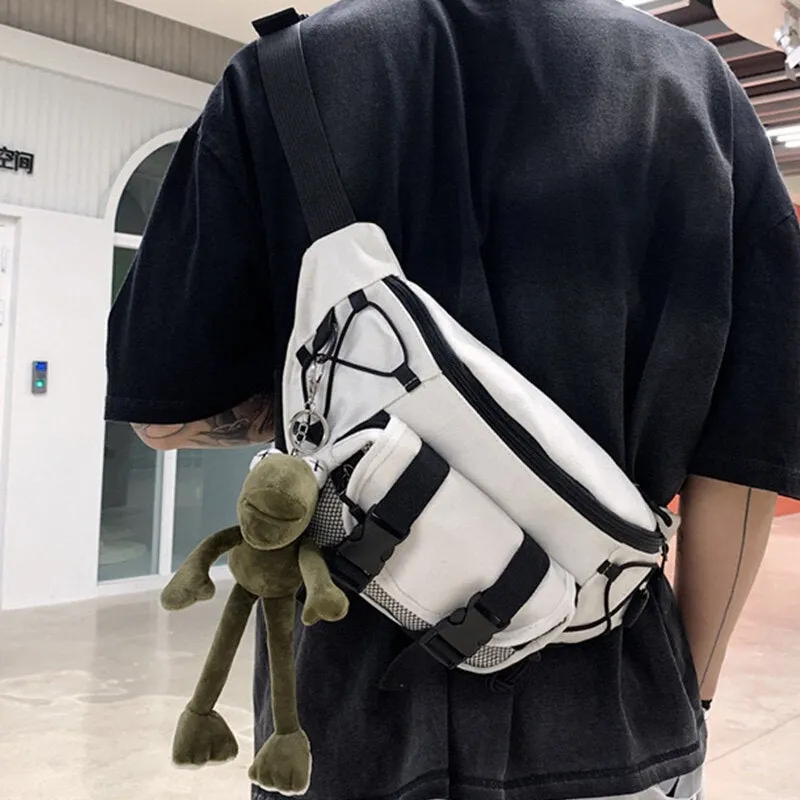 Unisex Canvas Lightweight Portable String Multifunction Adjustable Shoulder Strap Chest Bag Shoulder With Frog Pendant