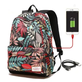 USB Charging Backpack With Plants Printing