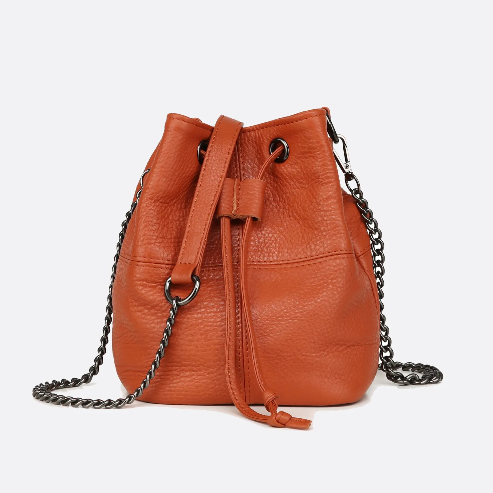 Women's genuine cowhide leather mini bucket bag with 2 straps